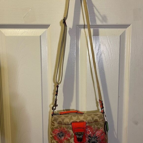 Coach poppy small canvas khaki logo crossbody bag sequins,black & Orange accents - Picture 2 of 15